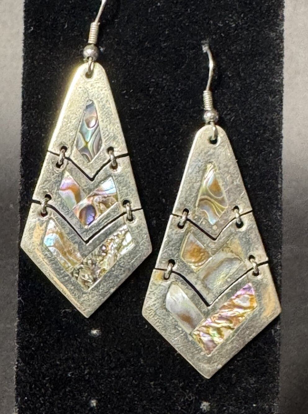 Vintage Mexican Alpaca Silver Inlaid Abalone Shell Chevron Dangle Earrings 2"